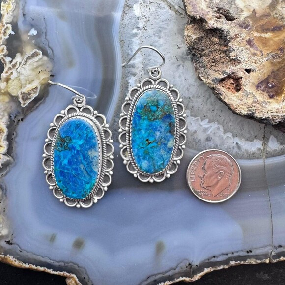 Sterling Silver Southwestern Style Oval Shattuckite Dangle Earrings For Women #1 - Picture 8 of 10